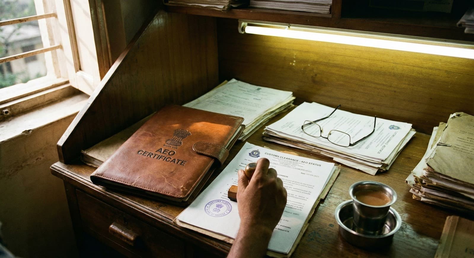 Customs officer's desk with AEO certificate folder and official stamp — AEO registration India CBIC